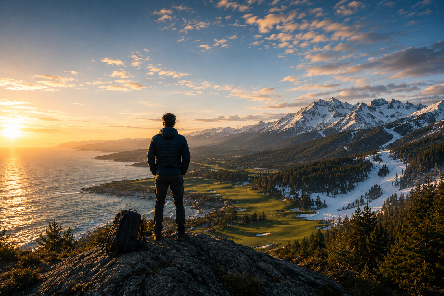 A person overlooking a mountain valley where green terrain meets snow-covered peaks at sunrise.